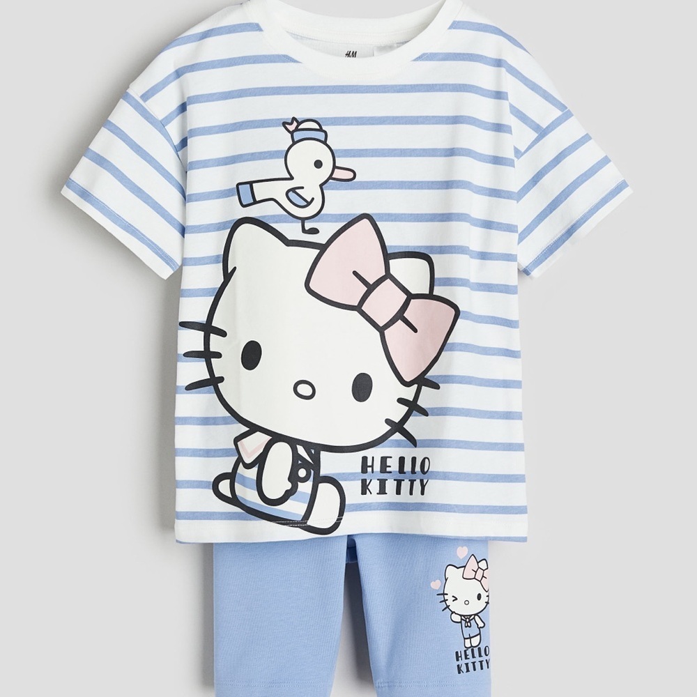 H&M Kids Hello Kitty Sanrio Blue and White Striped T-Shirt & Shorts Set